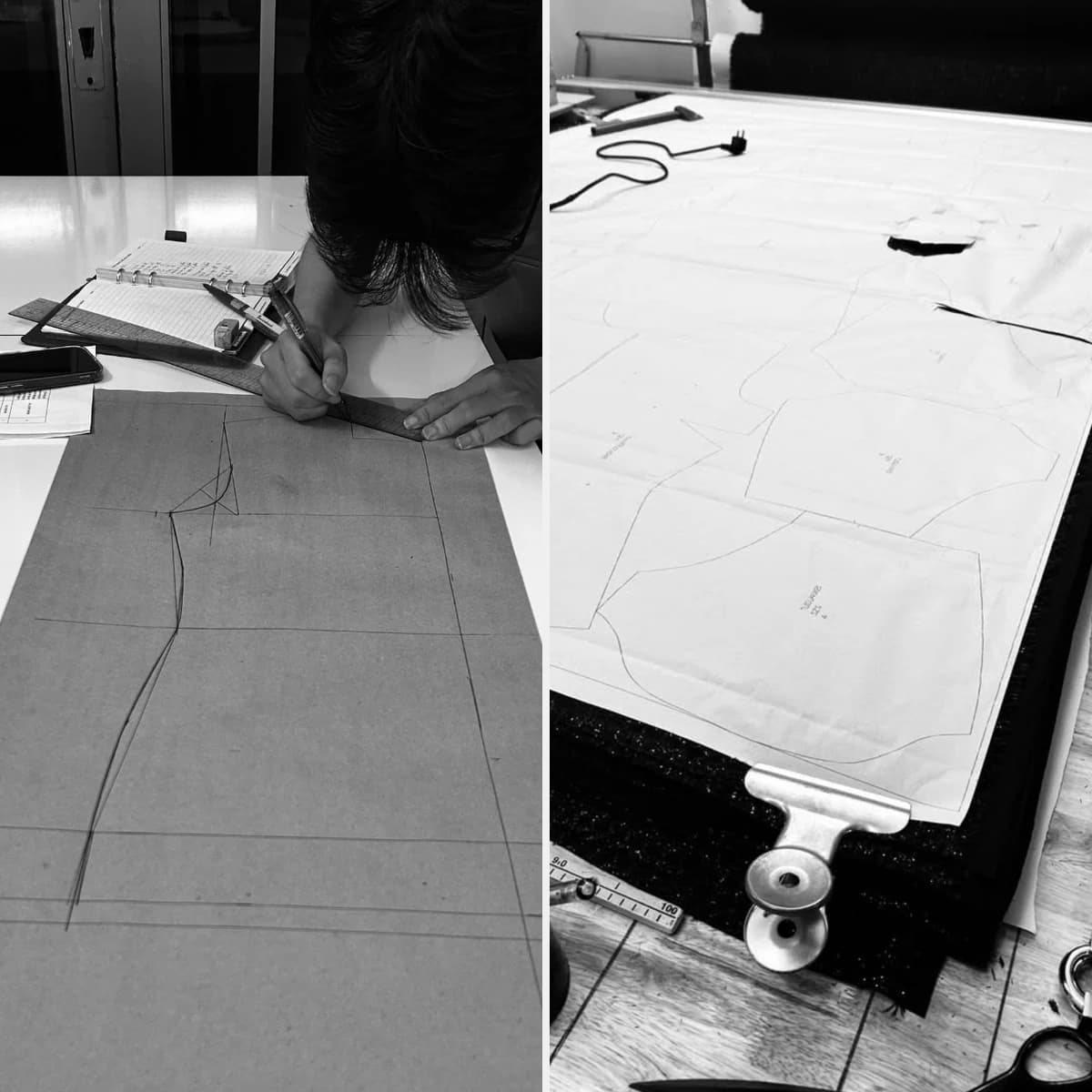Pattern drafting and garment pattern layout shown side by side at a partner workshop