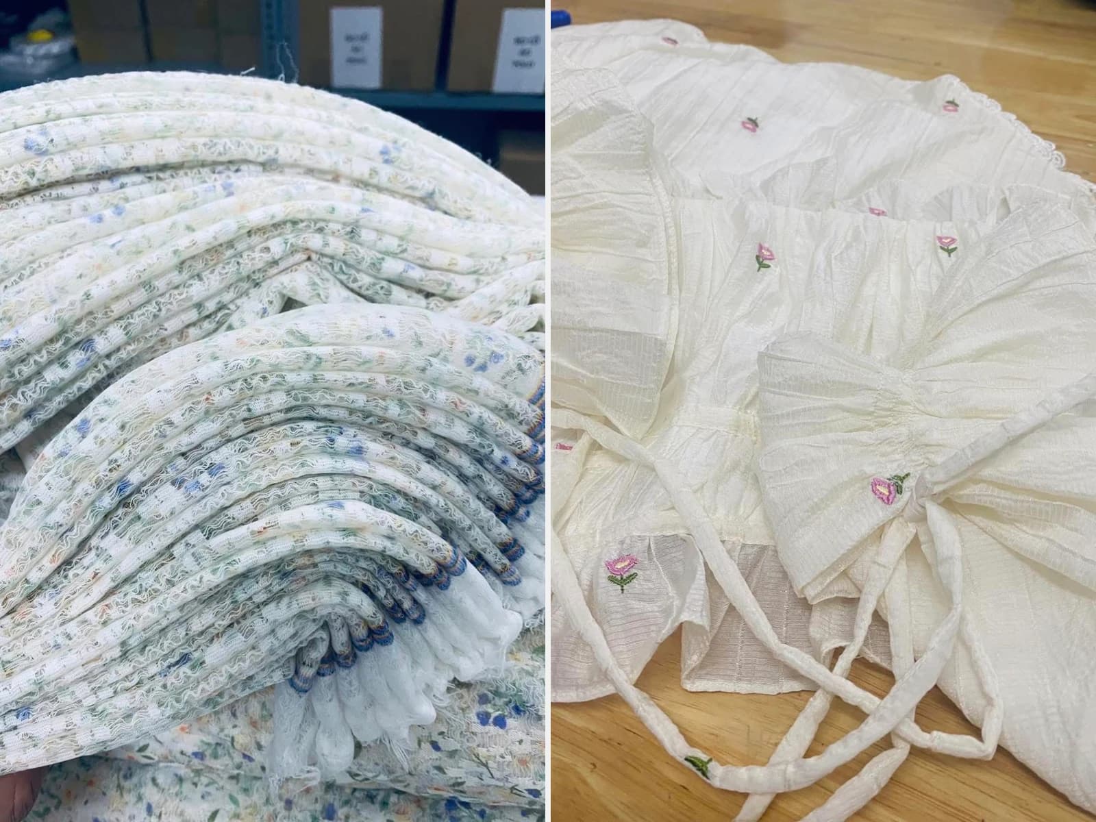 Floral lace components and embroidered ruffle garments arranged in workshop batches