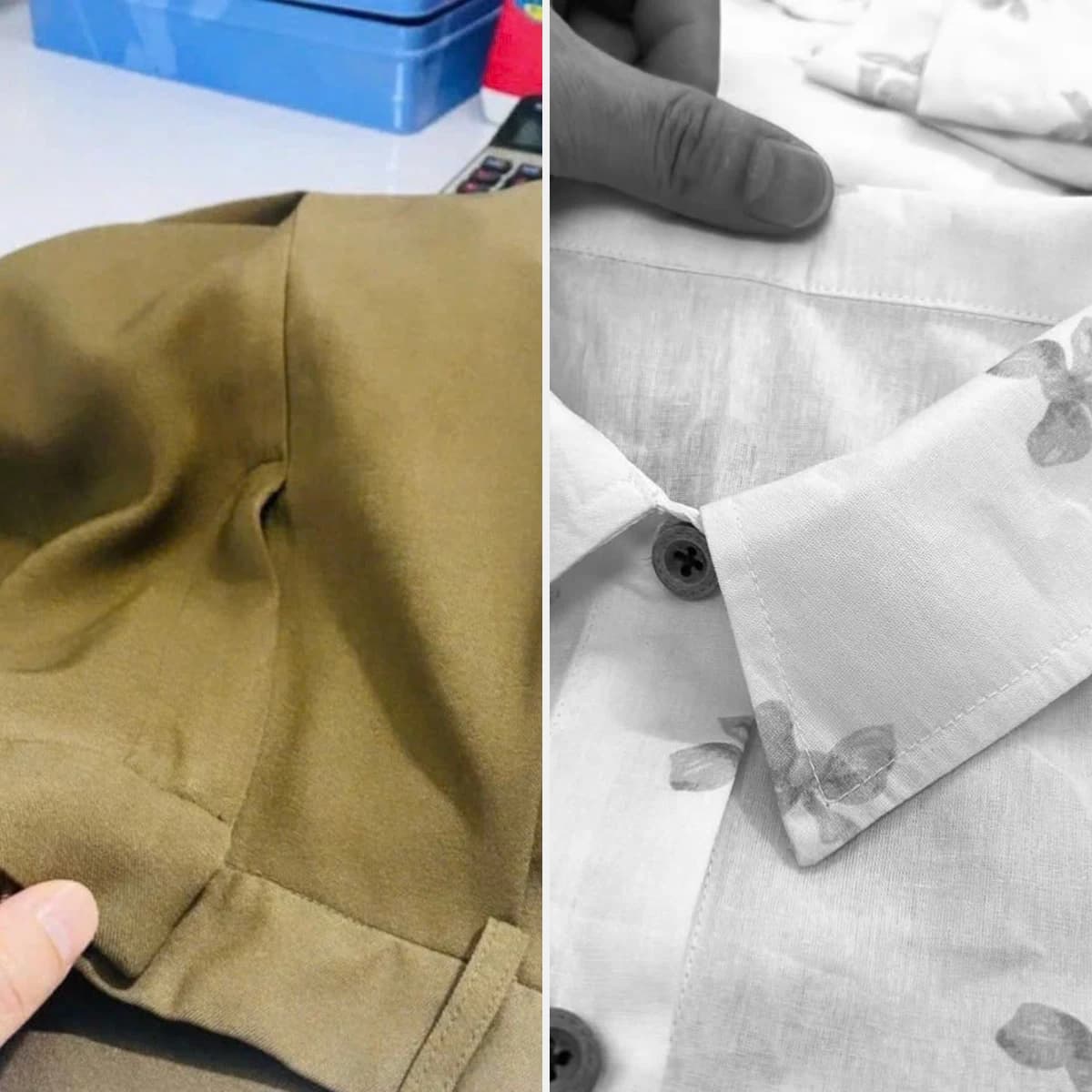 Hands reviewing visible waistband and collar construction details at a quality checkpoint