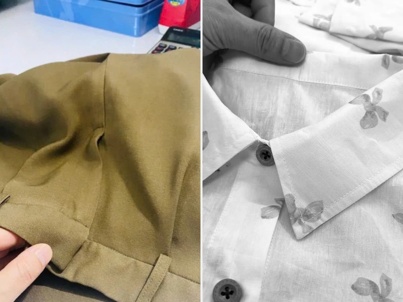 Waistband and shirt collar construction details being reviewed by hand