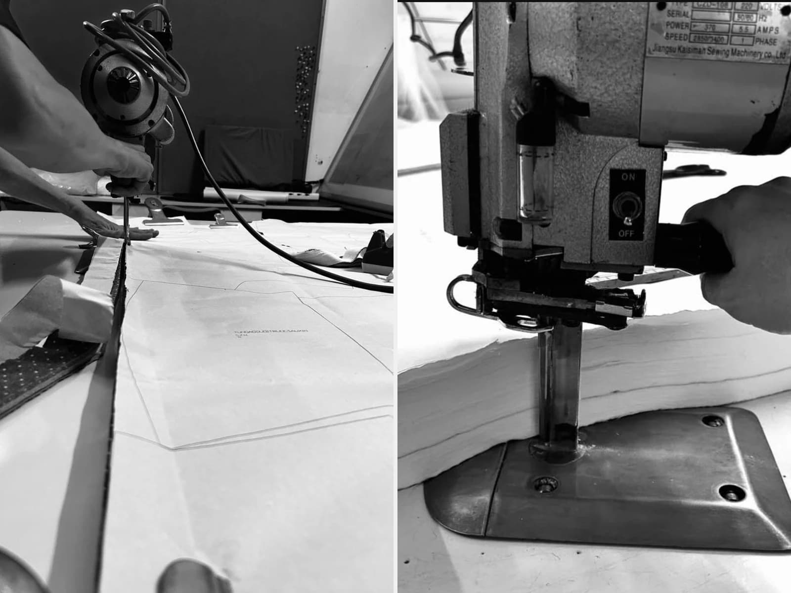 Patterned fabric stacks being cut with upright cutting machines