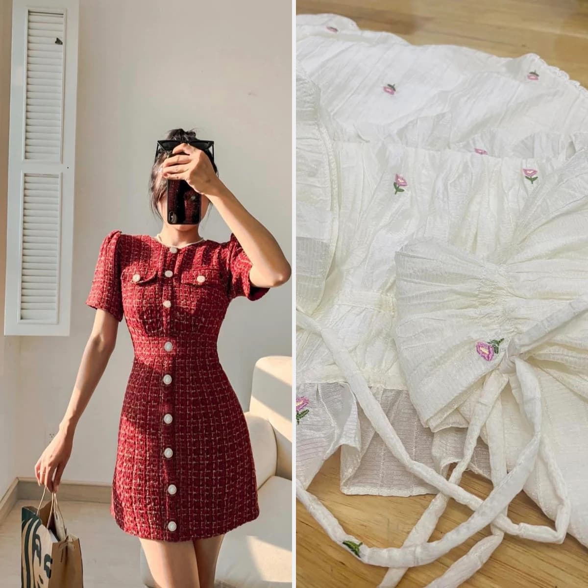 A finished red tweed dress and a batch of embroidered ruffle garments shown side by side