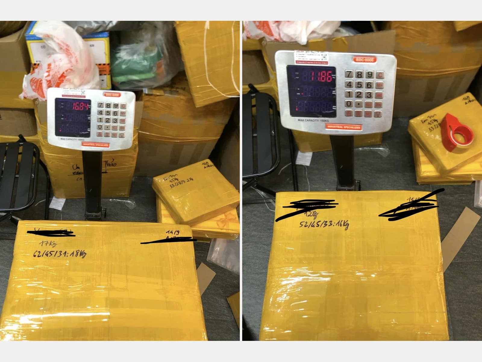 Packed parcels staged together and a parcel weight being verified before shipment handoff
